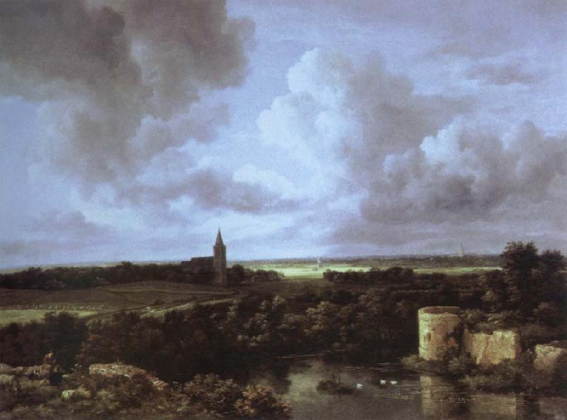 Jacob van Ruisdael an extensive landscape with a ruined castle and a village church oil painting image